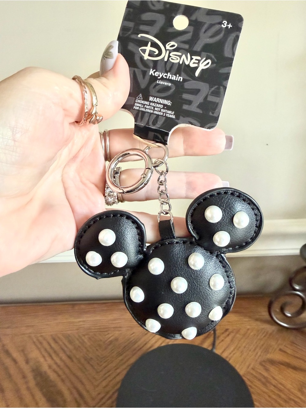 Disney Mickey Mouse  Black Faux-Leather Keychain bag charm with pearl accents - Picture 5 of 10